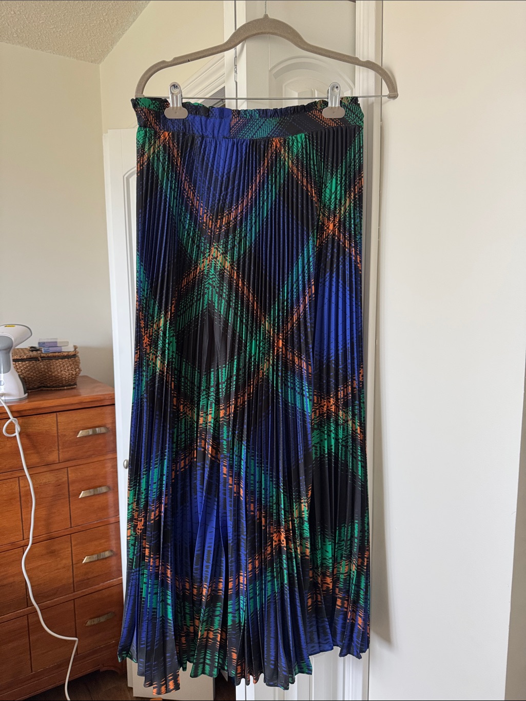 Anthropologie Pleated Maxi Skirt In Blue, Green, And Orange Plaid
